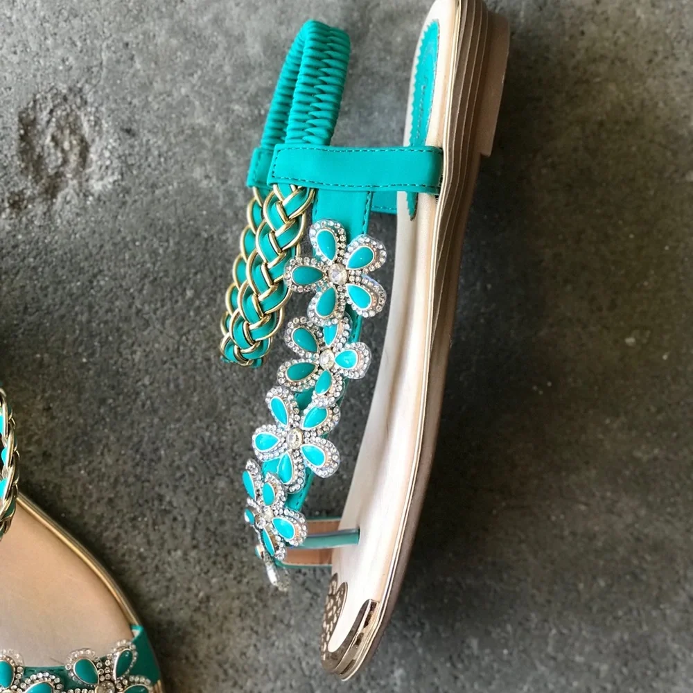 Restock! Italina Green Daisy Flower Rhinestone Gold Woven Slingback Sandal - Picture 4 of 14